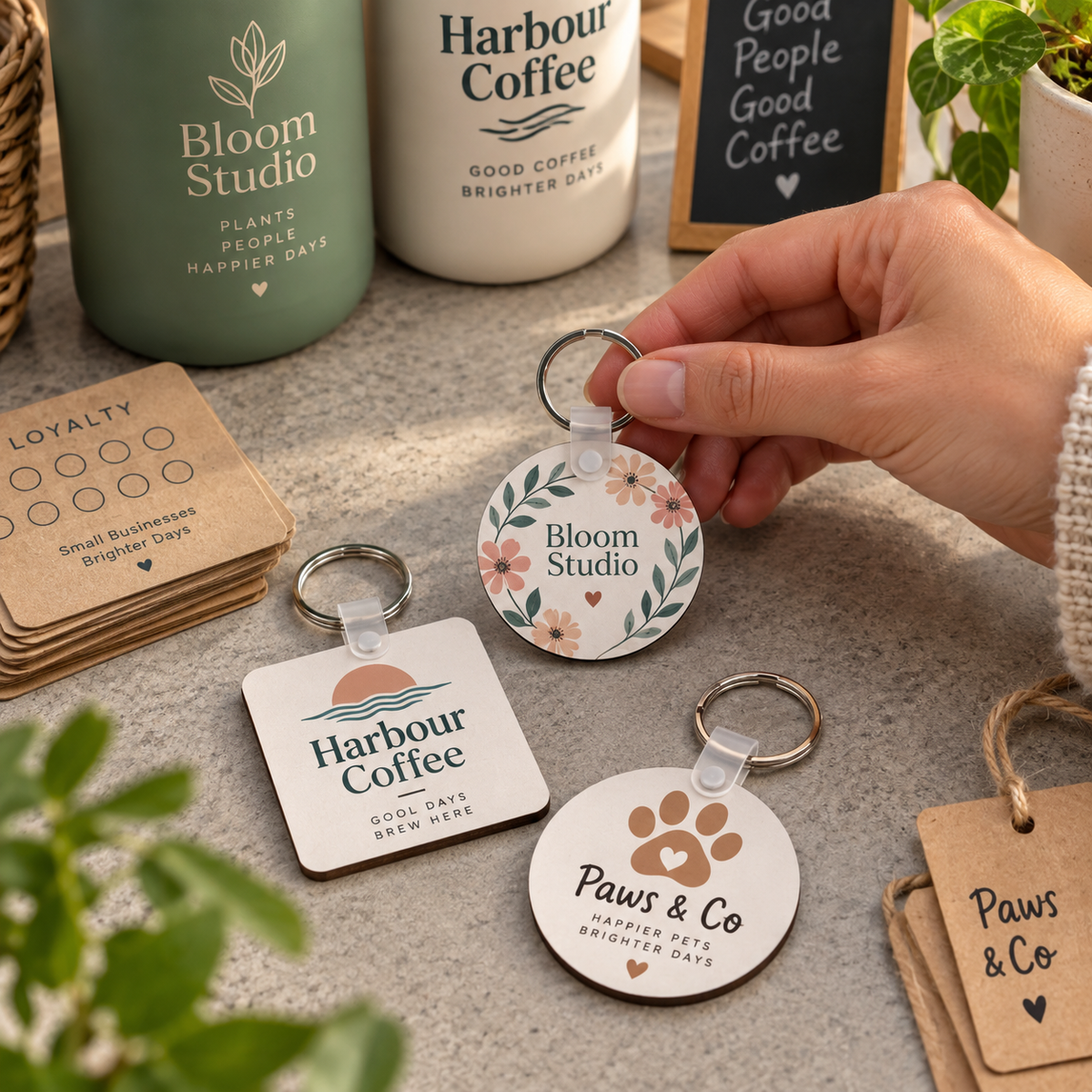 Custom logo keychains for small business merchandise and customer giveaways