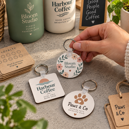 Custom logo keychains for small business merchandise and customer giveaways