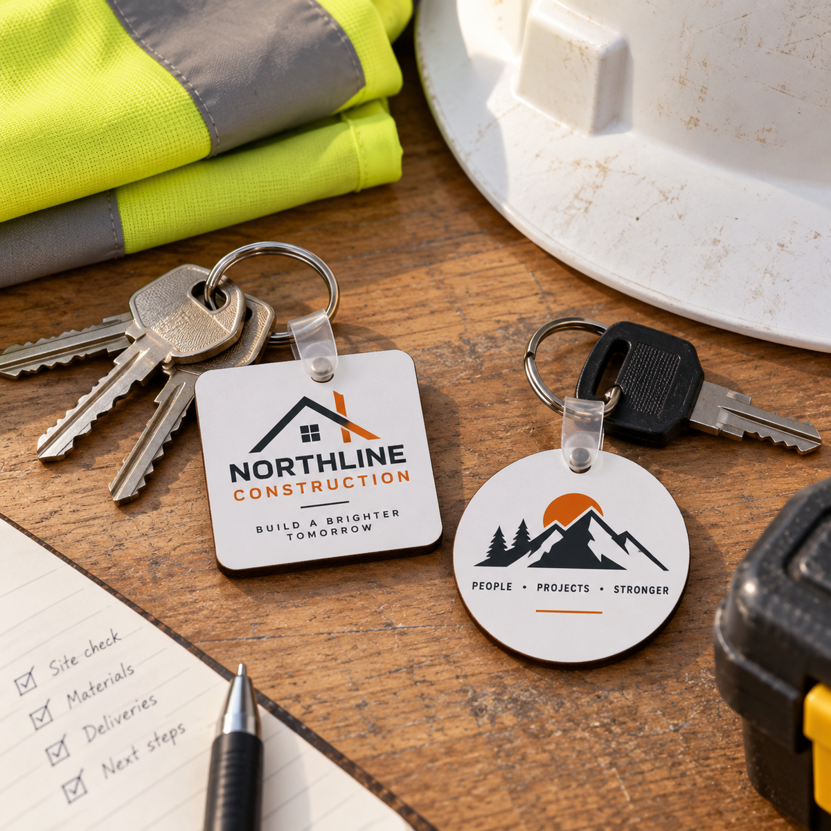 Branded company keychains used with staff and workplace equipment keys