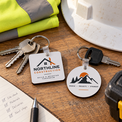 Branded company keychains used with staff and workplace equipment keys
