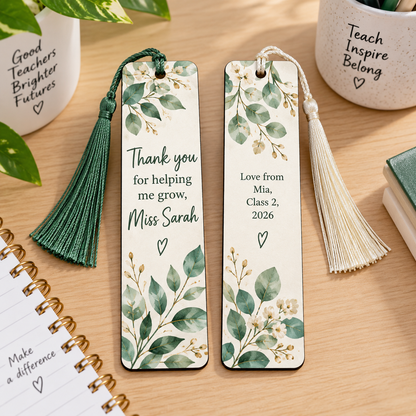Double-sided teacher bookmark with teacher name and pupil message
