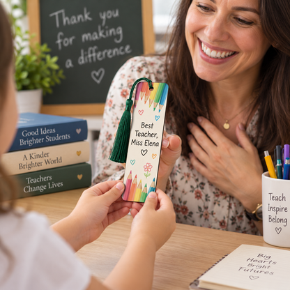 Child giving a personalised bookmark to a teacher