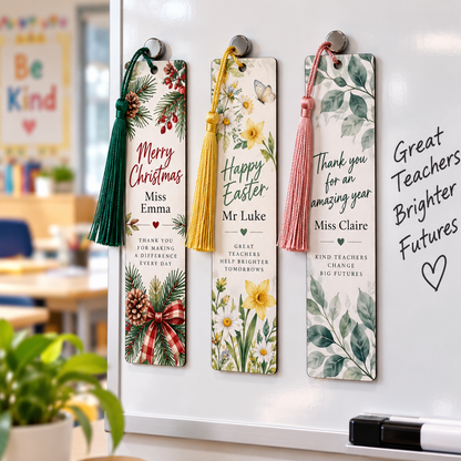 Personalised Christmas, Easter and end-of-year bookmarks displayed in a classroom