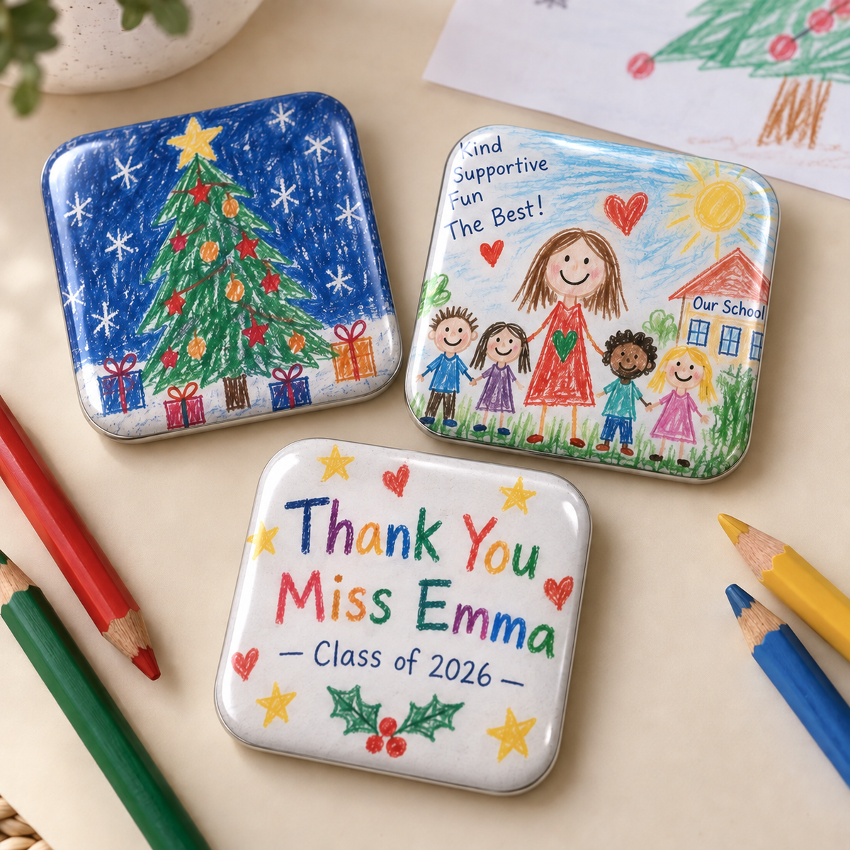 Rounded teacher Christmas magnets with children’s artwork and personalised messages