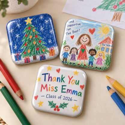 Rounded teacher Christmas magnets with children’s artwork and personalised messages