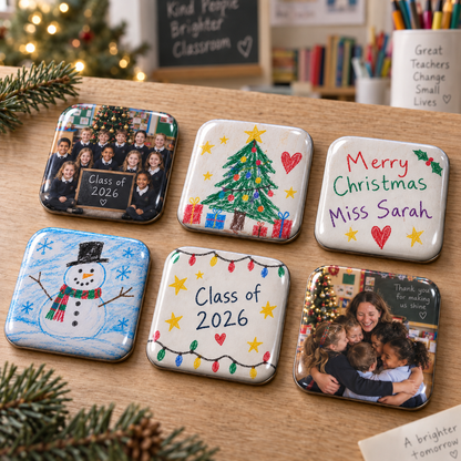 Rounded personalised Teacher’s Christmas Memory Magnet Set with class photos, drawings and messages