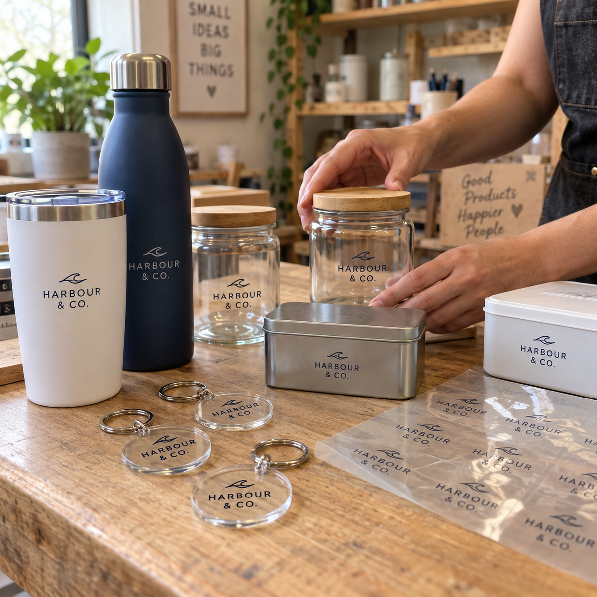 Custom UV DTF transfers used for branded jars tumblers tins and acrylic merchandise