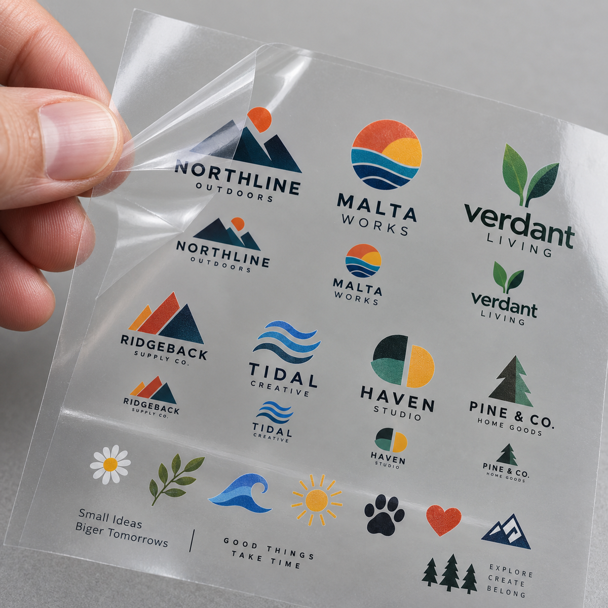 Close-up of full-colour custom logos printed on a clear UV DTF transfer sheet