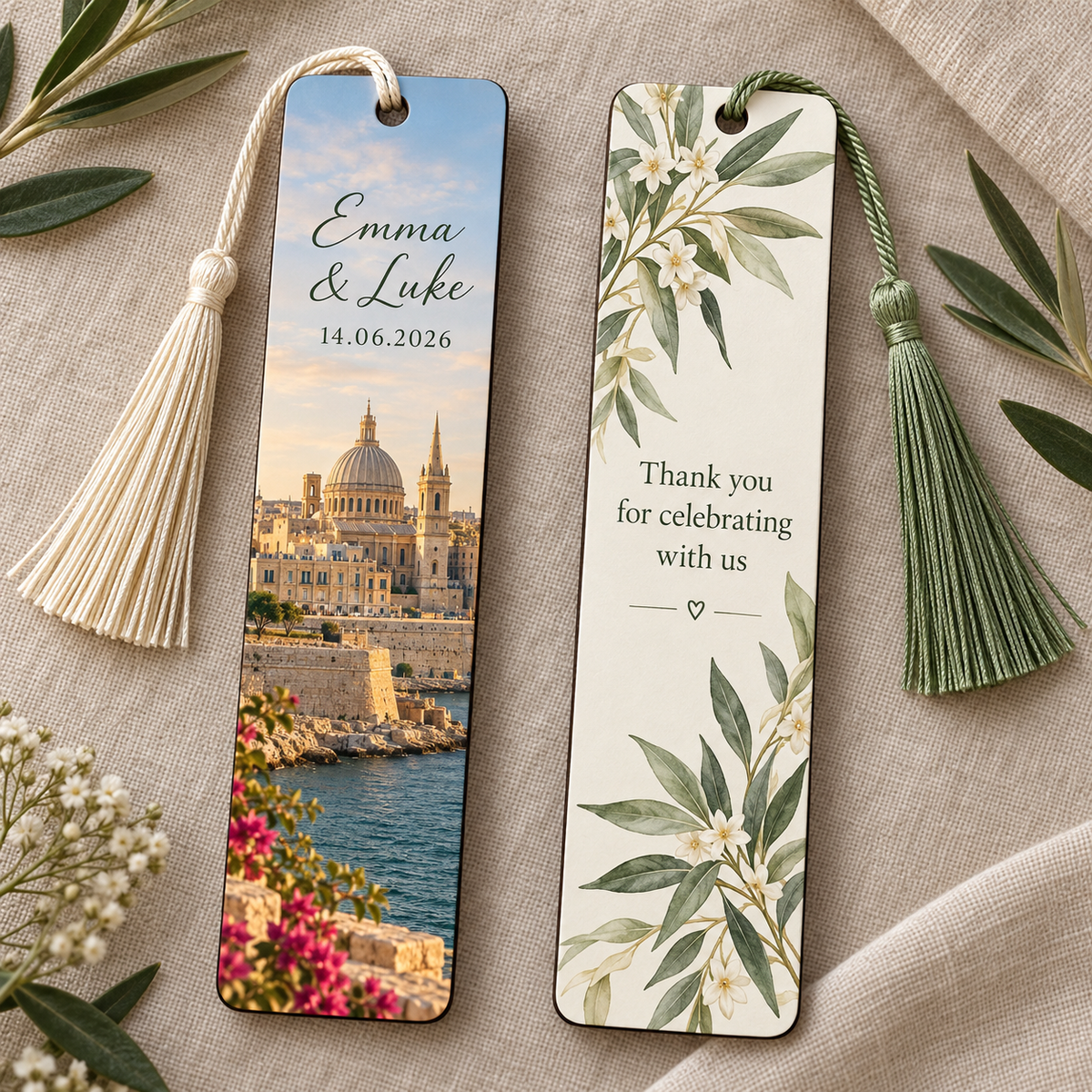 Double-sided wedding bookmark with Malta venue photograph and thank-you message