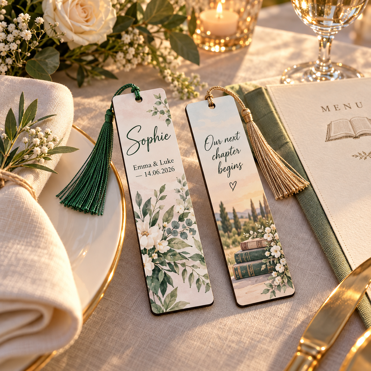 Personalised guest bookmark displayed at a wedding place setting