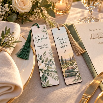 Personalised guest bookmark displayed at a wedding place setting