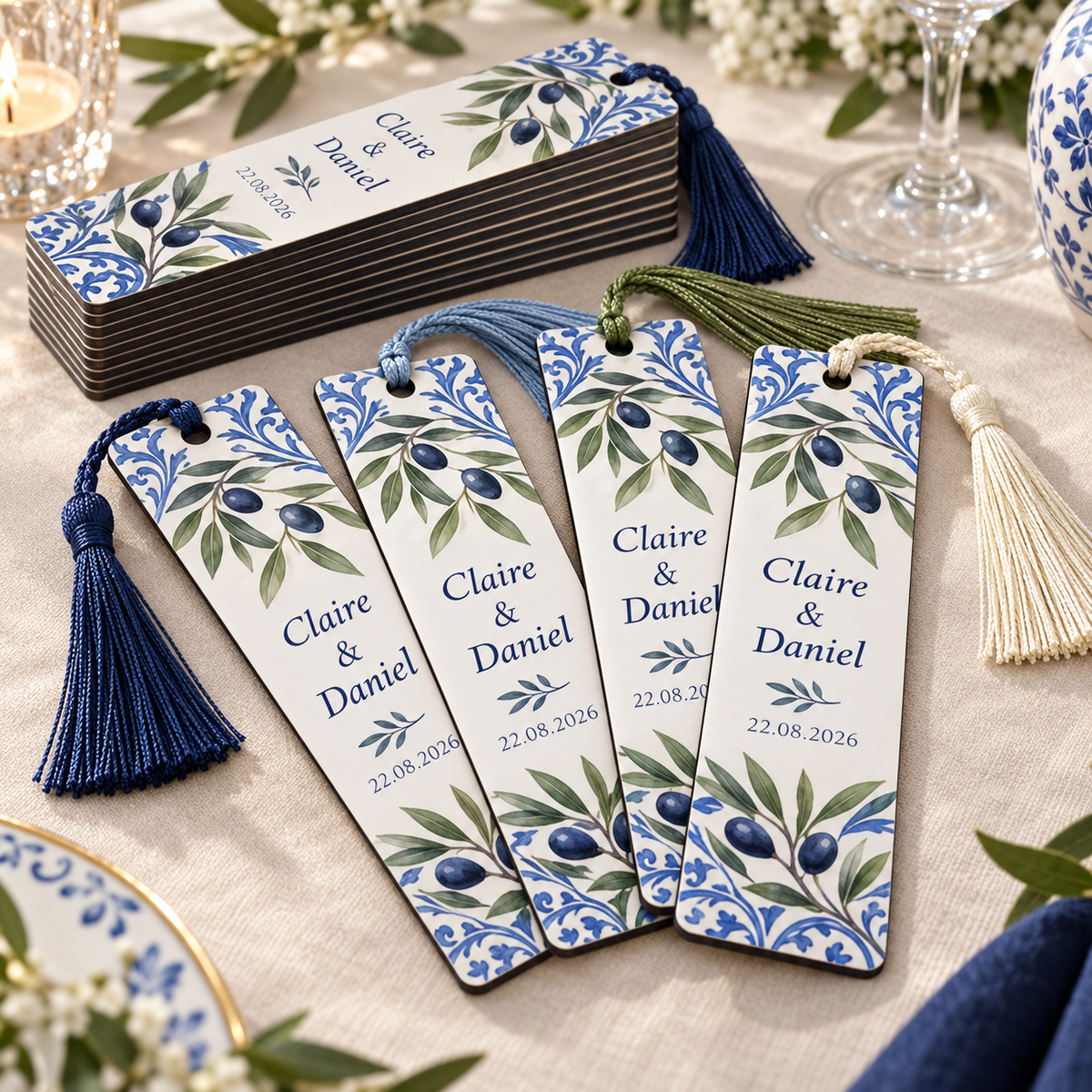 Matching personalised wedding bookmark favours prepared as a bulk set