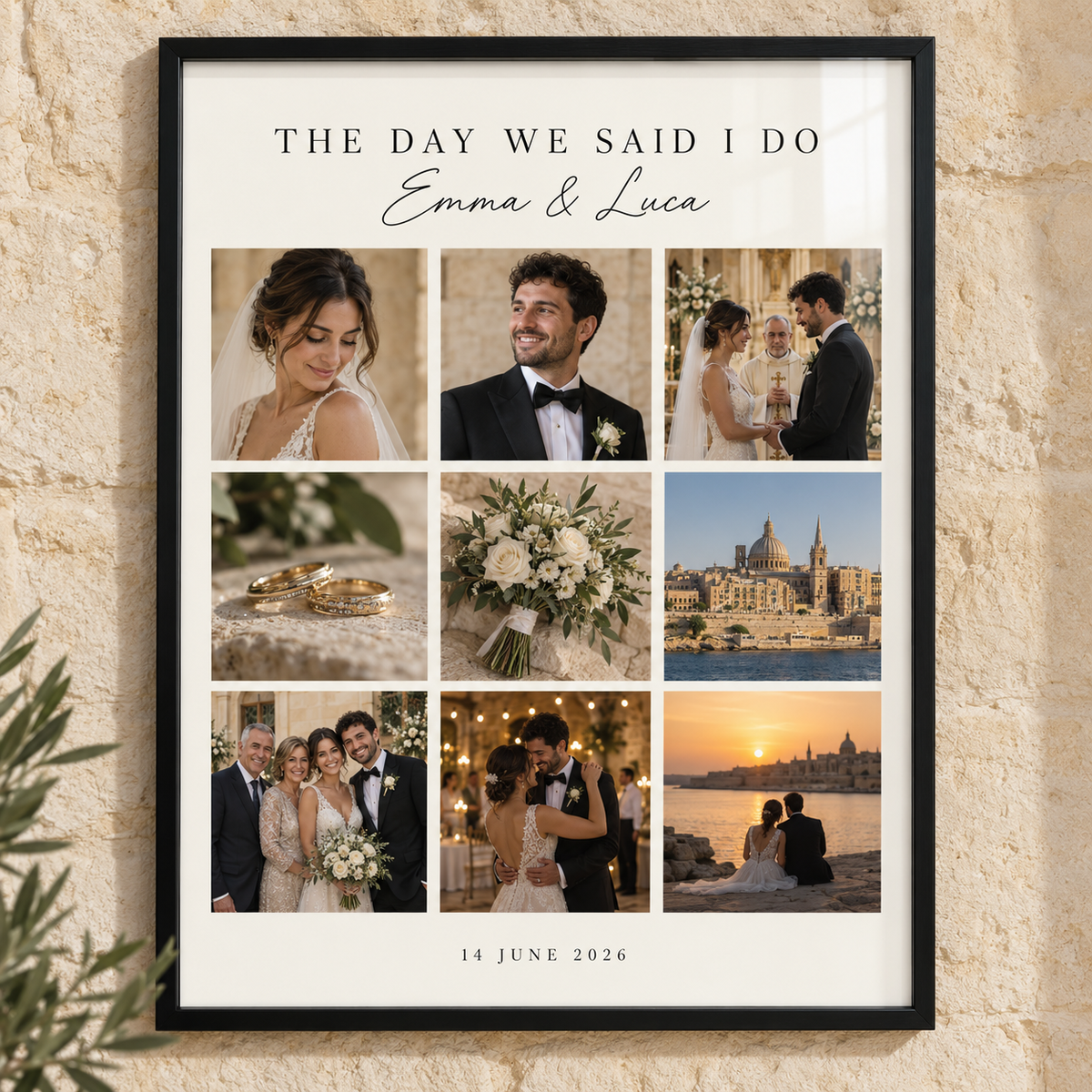 Nine-photo wedding collage in a black A3 wall-hanging frame