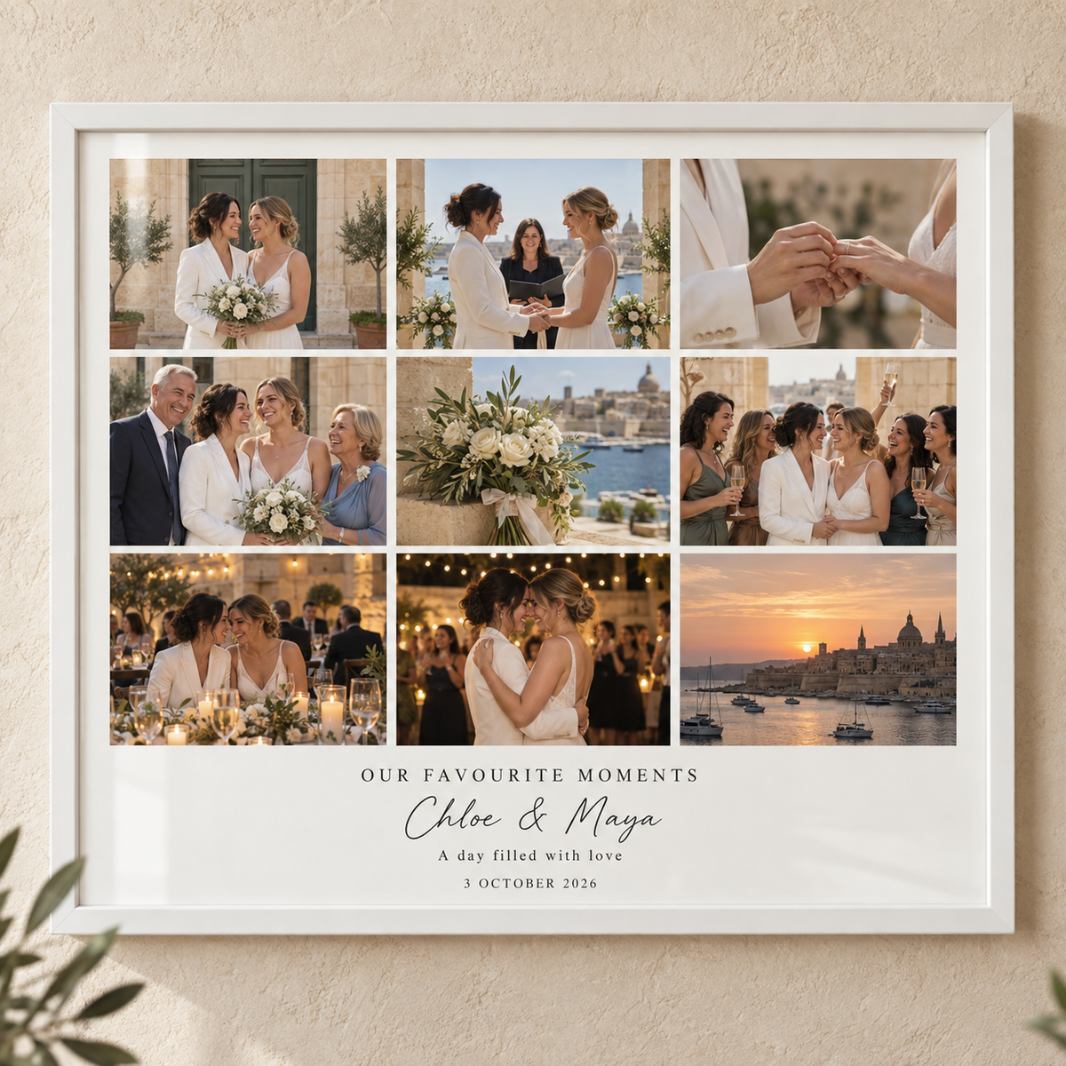 Wedding photo collage frame in white with nine wedding photographs